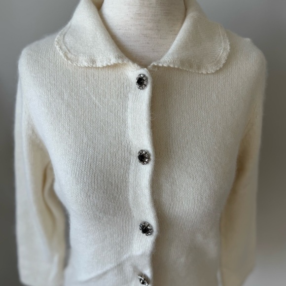 Ann Taylor Angora Rabbit Hair Lambswool Cropped Sleeve Jeweled Button Cardigan - Picture 4 of 8